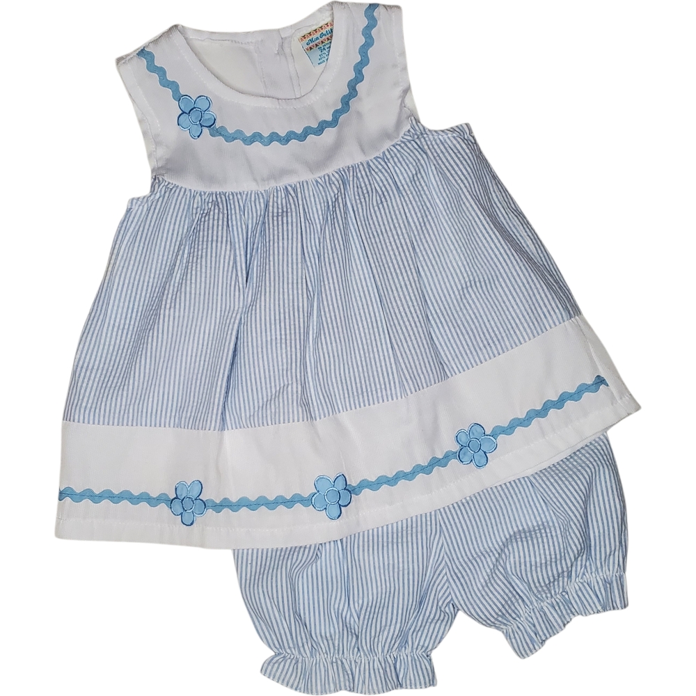 Vintage Mon Petit Seersucker Baby Dress & Bloomer Set Blue|White 24 Months